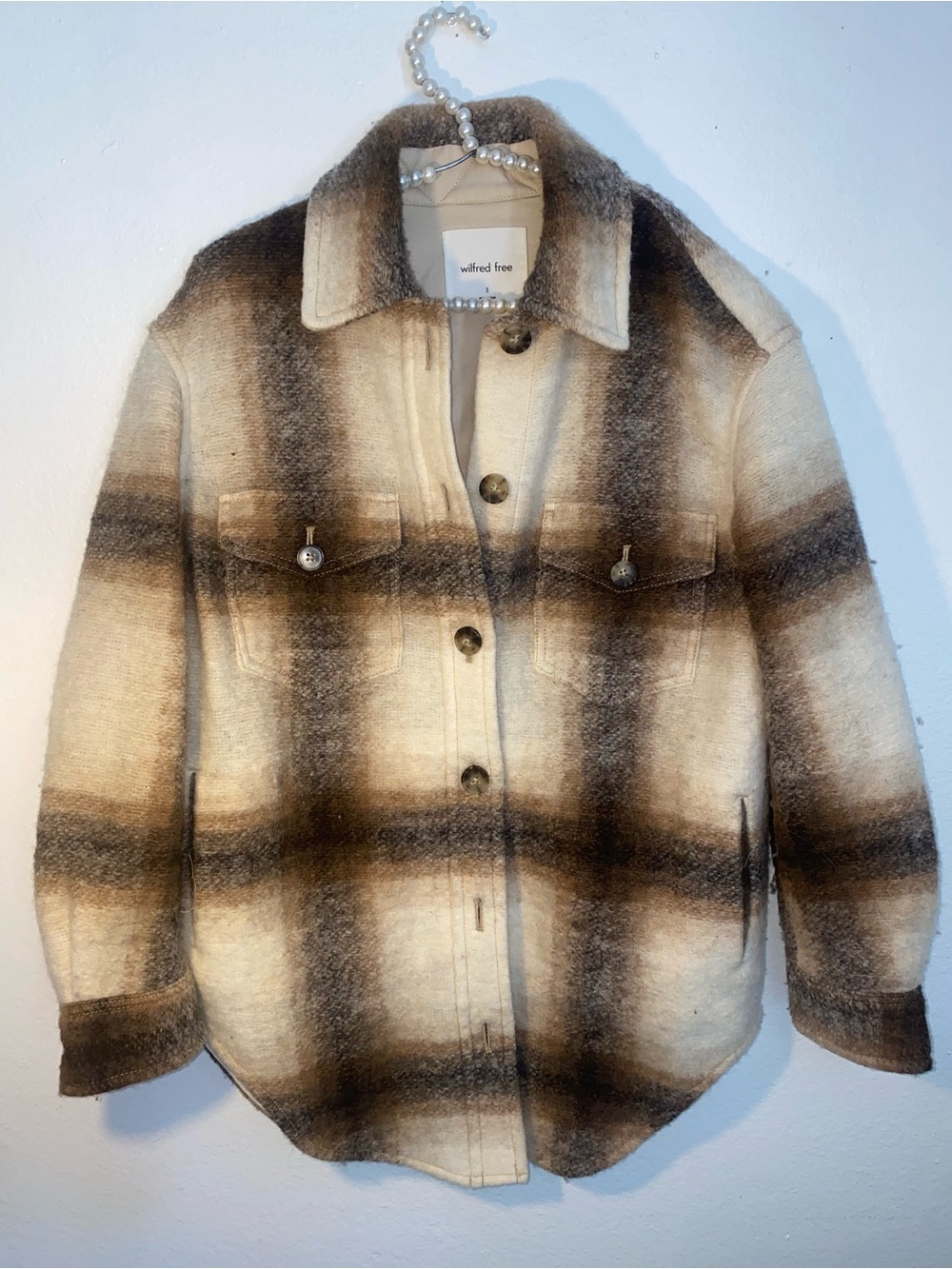Aritzia Wilfred Free "The Ganna" Wool Flannel Shirt Jacket Womens S Brown Plaid